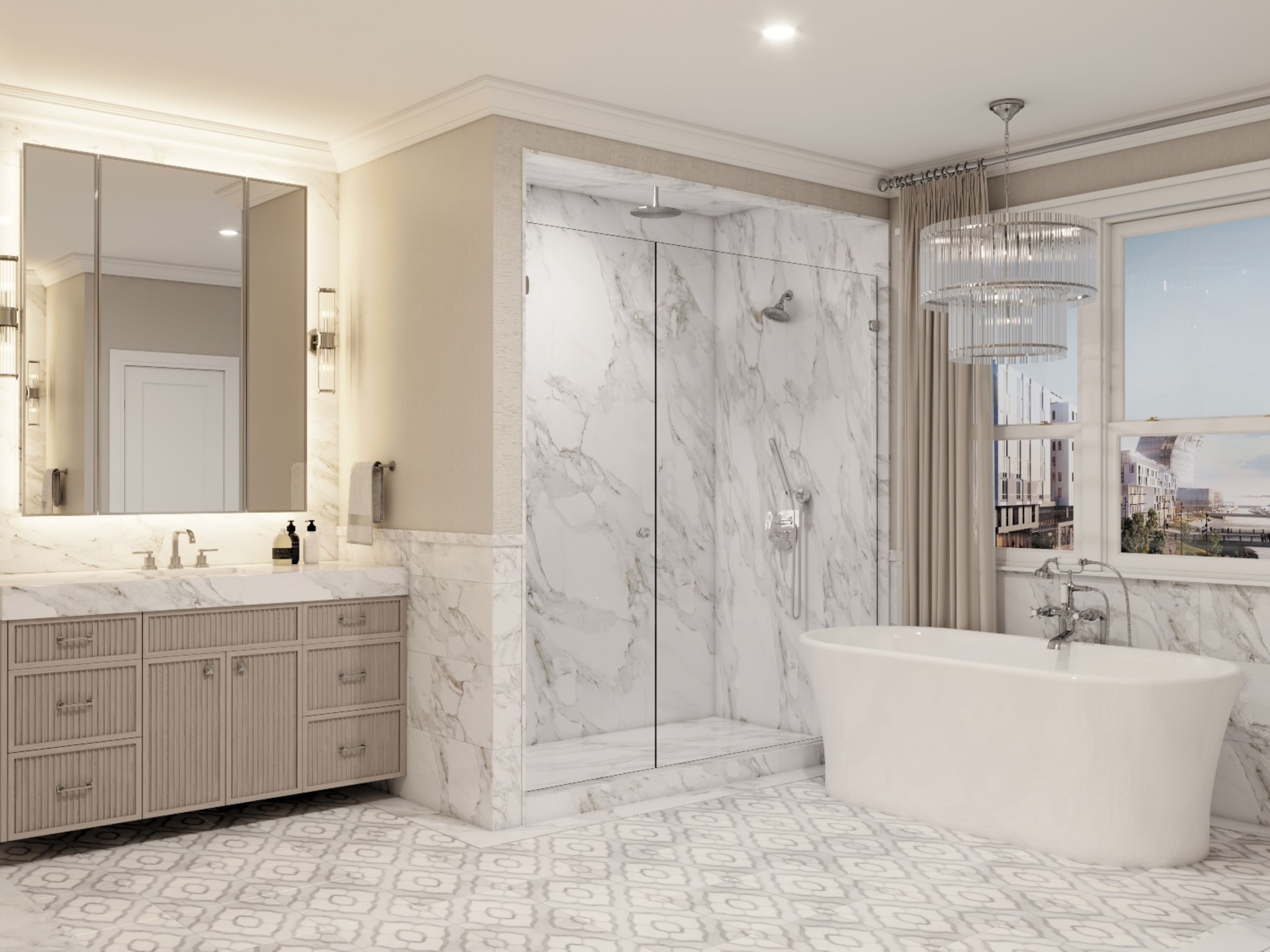 Elegantes cremefarbenes / beiges Badezimmer