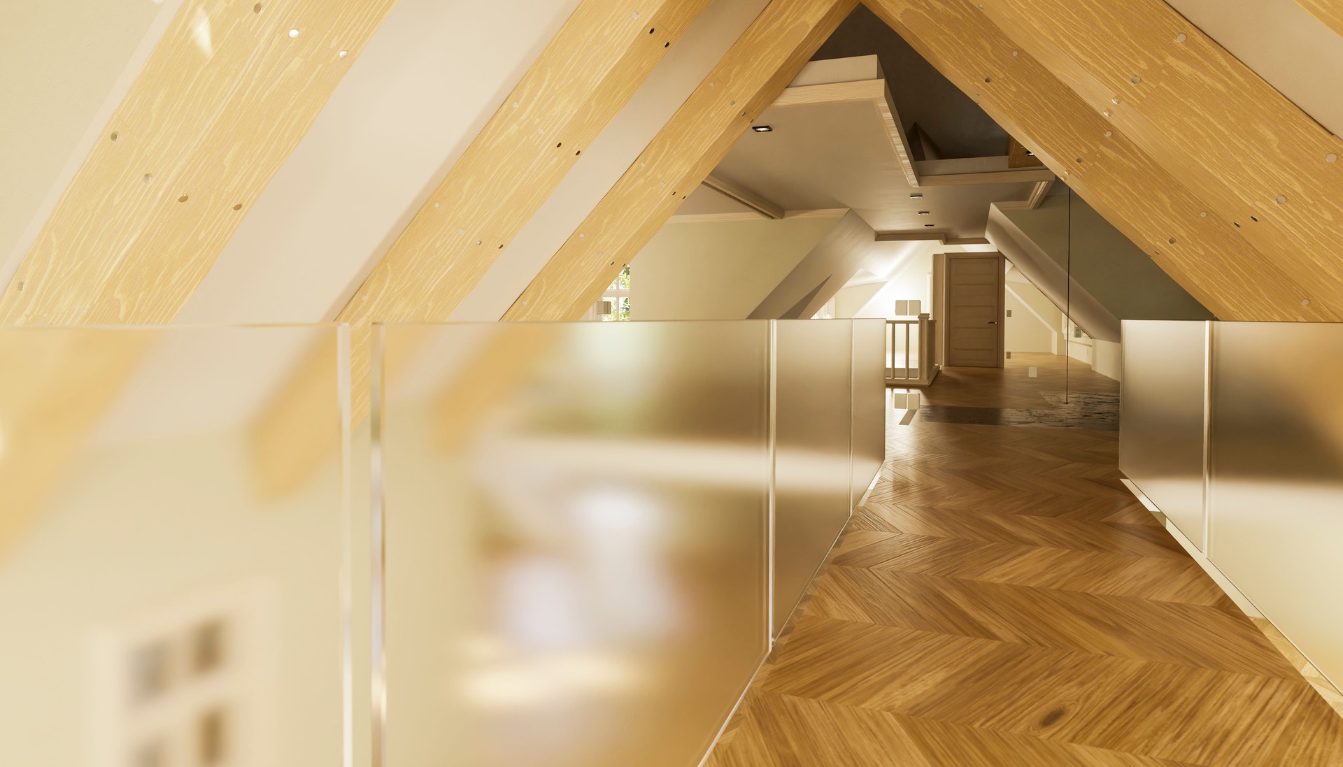 Moderner Dachbodenflur mit Holzbalken und Milchglasgeländer