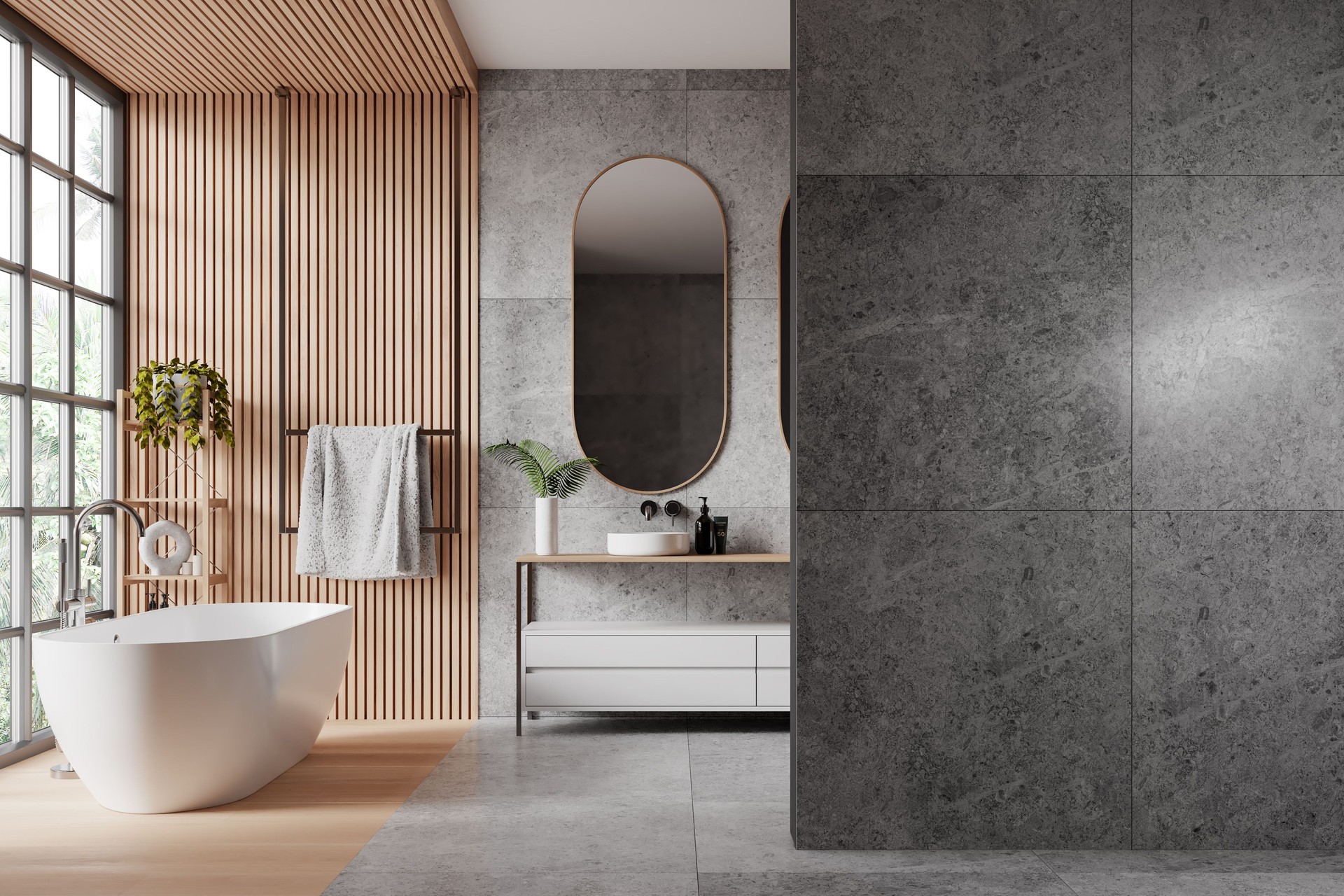 Badezimmerinterieur aus Holz und Grau mit Badewanne, Waschbecken und leerer Wand