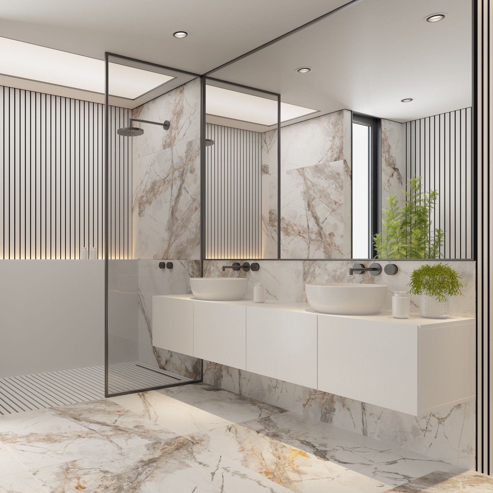 Modernes weißes Badezimmer mit Marmorfliesen und Zimmerpflanzen