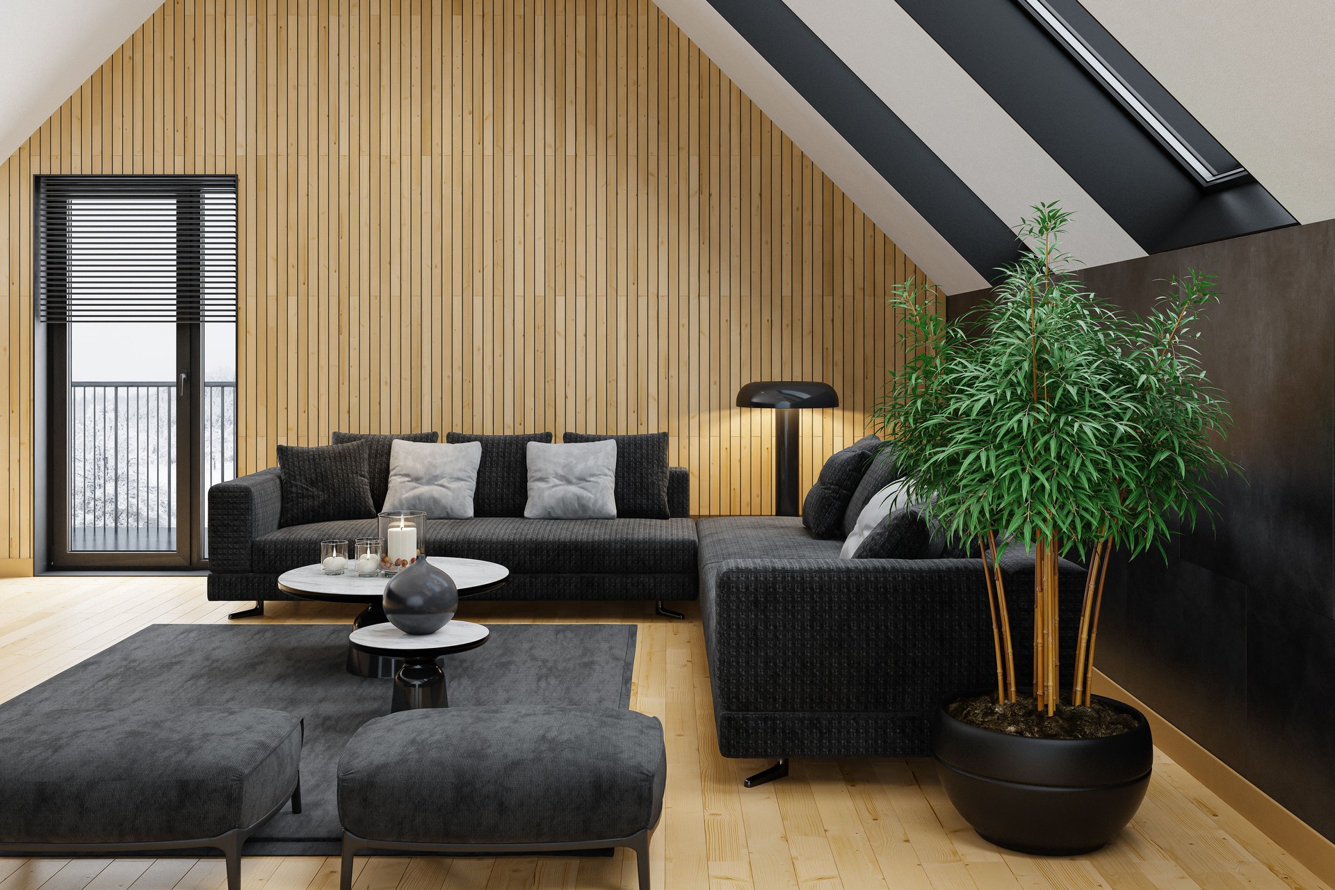 Modernes Dachgeschoss-Wohnzimmer mit L-förmigem Sofa und Interieur aus natürlichem Kiefernholz